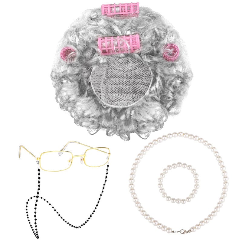 URATOT 5 Pieces Halloween Old Lady Wig Costume Set Grandma Wig Hair Rollers Glasses Chain Necklace Bracelet - Image 1