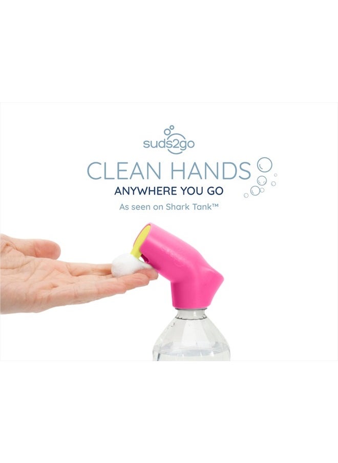 Refillable Caps, 2 Pack - Universal Fit Turns Most Disposable Water Bottles Into A Hand Washing Station - Includes Refillable Soap Reservoir - Conveniently Sized to Take on the Go - Pink