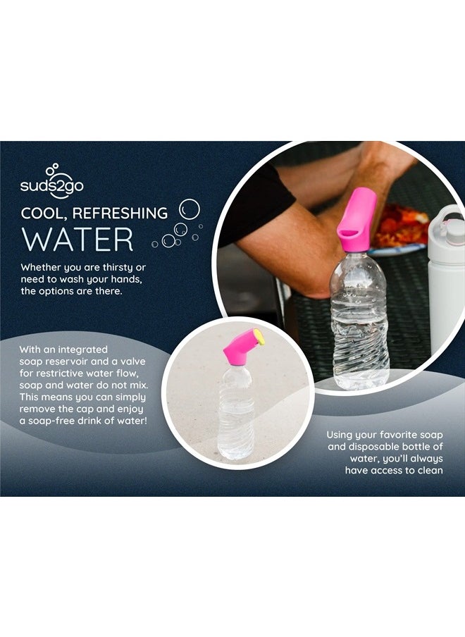 Refillable Caps, 2 Pack - Universal Fit Turns Most Disposable Water Bottles Into A Hand Washing Station - Includes Refillable Soap Reservoir - Conveniently Sized to Take on the Go - Pink