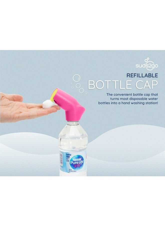 Suds2Go Refillable Caps, 2 Pack - Universal Fit Turns Most Disposable Water Bottles Into A Hand Washing Station - Includes Refillable Soap Reservoir - Conveniently Sized to Take on the Go - Pink  - Image 2