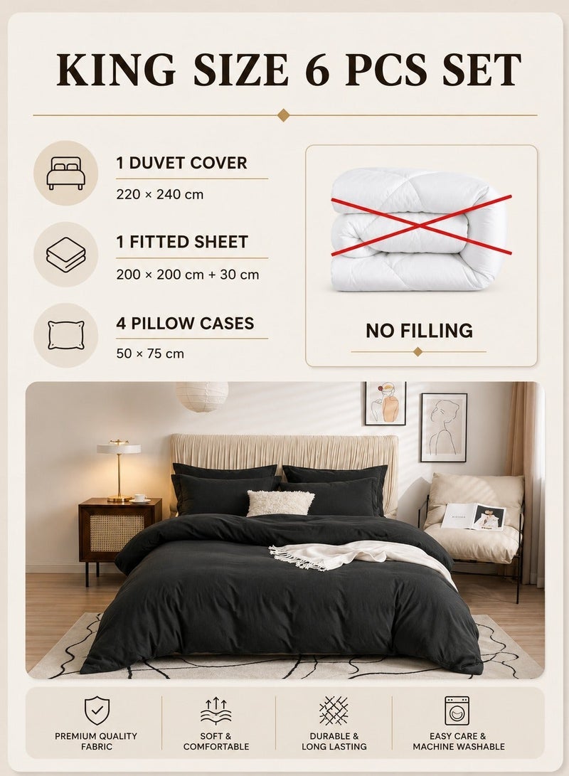 LUNA Home Washable Cotton 6 Piece King Size Duvet Cover Plain Design, Plain Black Color. - Image 2
