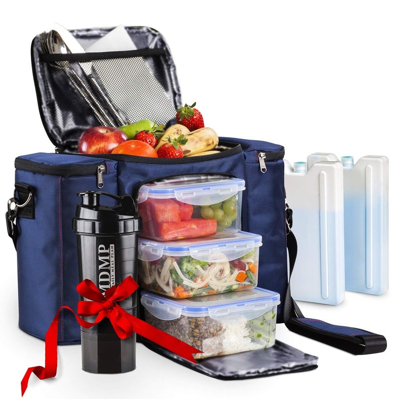MDMP - MY DAILY MEAL PLAN My Daily Meal Plan Navy Blue 45 Oz Insulated Lunch BagBox For Men Women  3 Large Food Containers  2 Big Reusable Ice Packs  Shoulder Strap  Shaker With Storage 