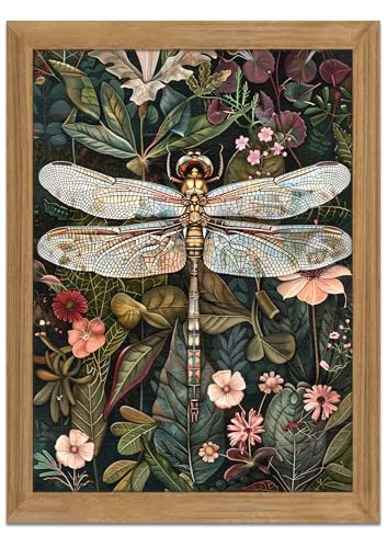Framed Vintage 3D Textured Wall Art  Dark Green Dragonfly Flowers Wall Decor  Hand Drawn Sandstone Nature Botanical Pictures for Living Room Bedroom Home Decor 16x24in