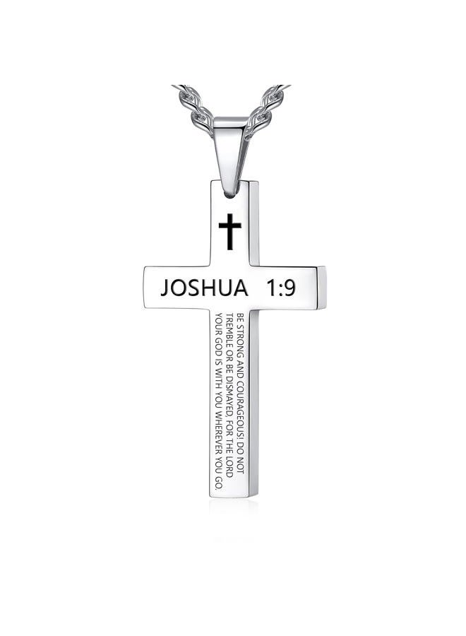 REVEMCN Inspirational Bible Verse Cross Necklace for Men Boys, Stainless Steel Plain Black Silver Cross Pendant Necklace for Men 20-24 Inches Curb Chain Faith Jewelry Gift (JOSHUA 1:9 - Silver, 24) - Image 1