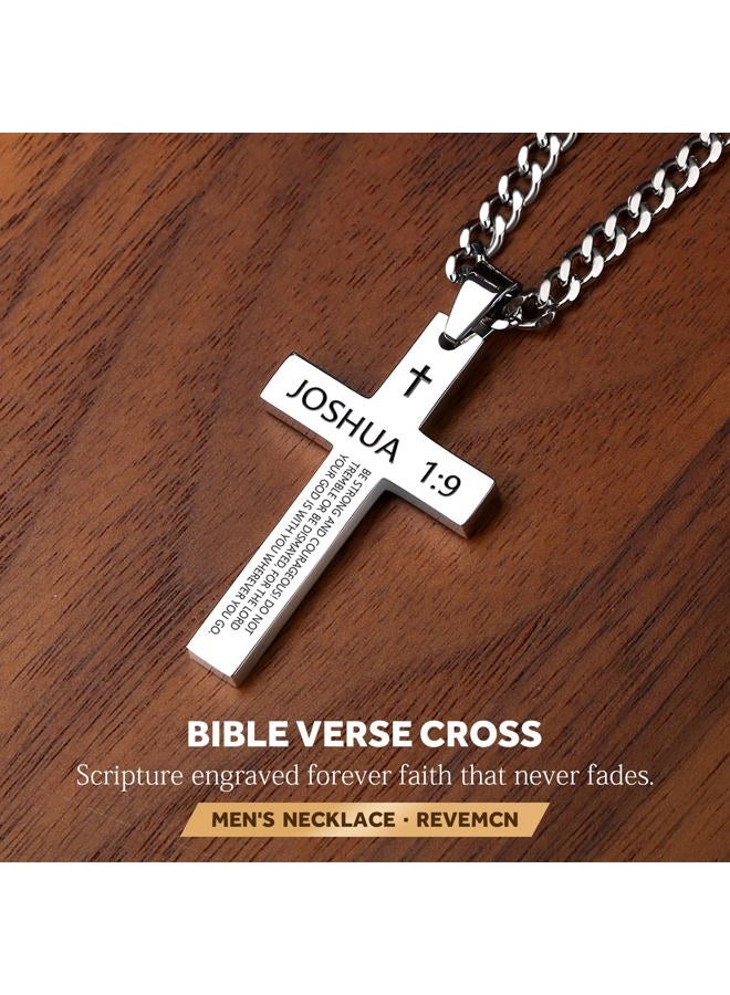REVEMCN Inspirational Bible Verse Cross Necklace for Men Boys, Stainless Steel Plain Black Silver Cross Pendant Necklace for Men 20-24 Inches Curb Chain Faith Jewelry Gift (JOSHUA 1:9 - Silver, 24) - Image 3