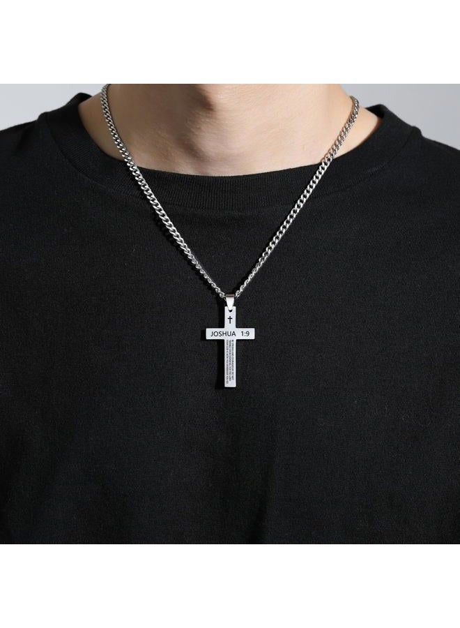 REVEMCN Inspirational Bible Verse Cross Necklace for Men Boys, Stainless Steel Plain Black Silver Cross Pendant Necklace for Men 20-24 Inches Curb Chain Faith Jewelry Gift (JOSHUA 1:9 - Silver, 24) - Image 5