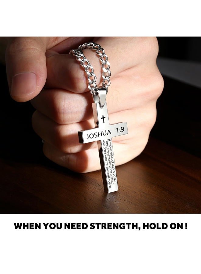 REVEMCN Inspirational Bible Verse Cross Necklace for Men Boys, Stainless Steel Plain Black Silver Cross Pendant Necklace for Men 20-24 Inches Curb Chain Faith Jewelry Gift (JOSHUA 1:9 - Silver, 24) - Image 2