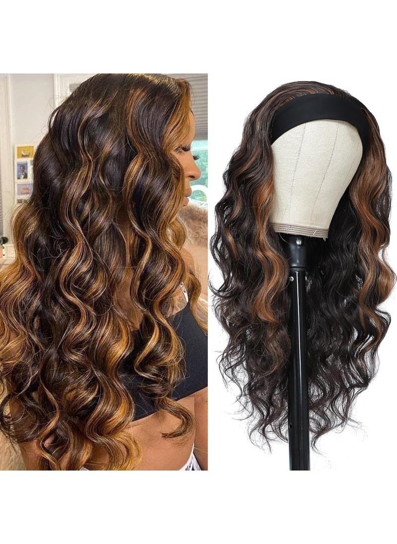 XCCOCO - xccoco Long Wavy Headband Wig for Women Black Wigs with Brown Blonde Highlight 200 Denisty Headband Wigs Put On and Go Glueless Wig Long Synthetic Wig for Women Party Daliy Use - Image 1