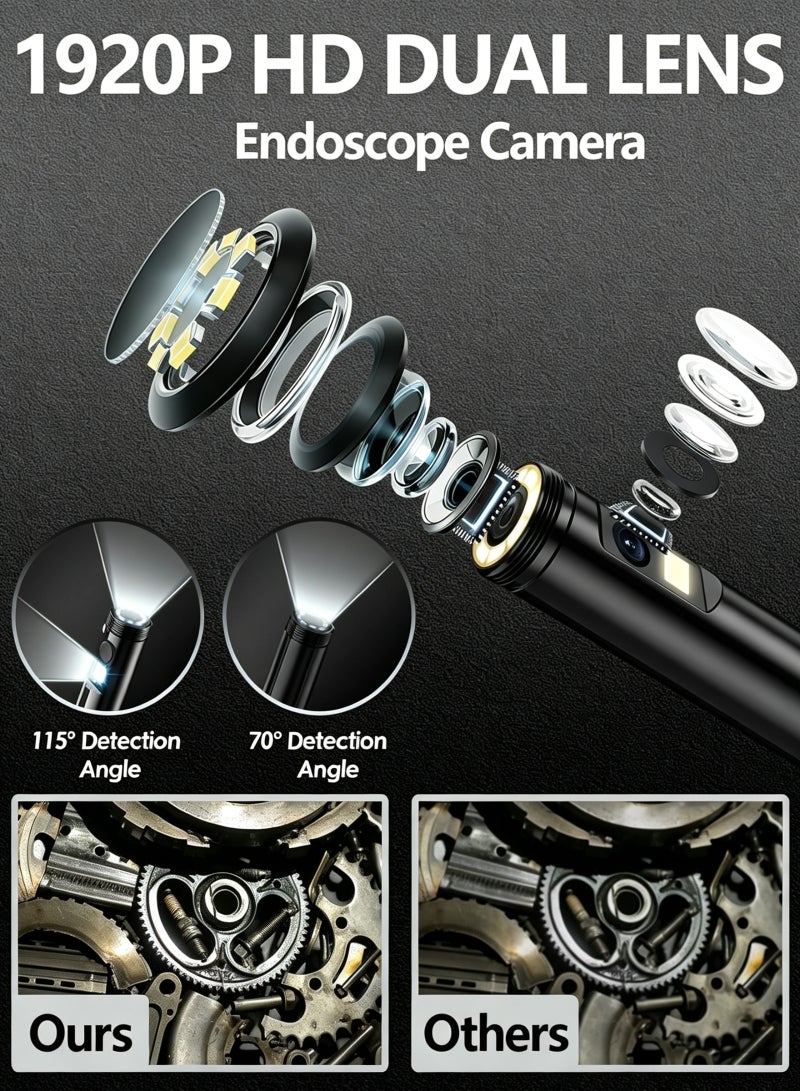 Lecran Dual-Lens Endoscope Camera with Light, 1920P HD Borescope with 8 Adjustable LEDs, 16.4FT Semi-Rigid Snake Cord, IP68 Waterproof Inspection Tool for iOS, Android, Automotive, Plumbing, HVAC (7.9mm) - Image 2