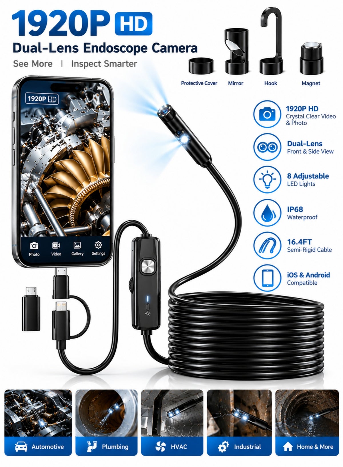 ليكران Lecran dual-lens Endoscope Camera With Light 1920p Hd Borescope 16.4ft 1920p