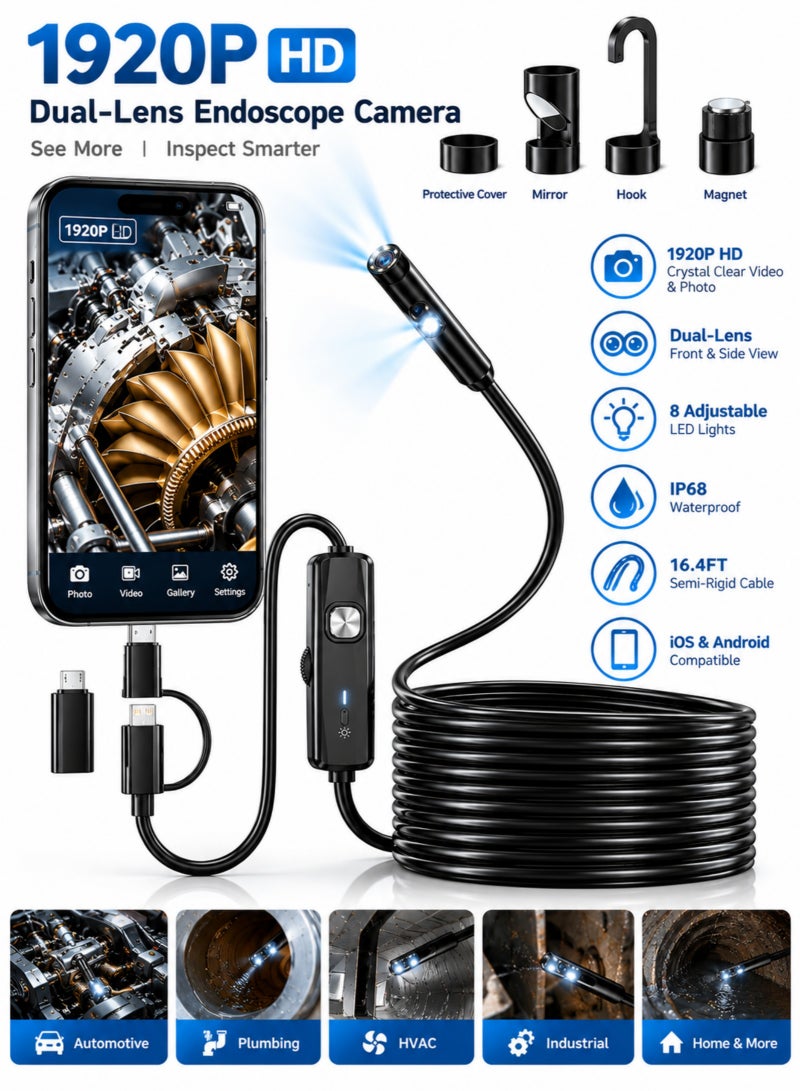 Lecran Dual-Lens Endoscope Camera with Light, 1920P HD Borescope with 8 Adjustable LEDs, 16.4FT Semi-Rigid Snake Cord, IP68 Waterproof Inspection Tool for iOS, Android, Automotive, Plumbing, HVAC (7.9mm) - Image 1