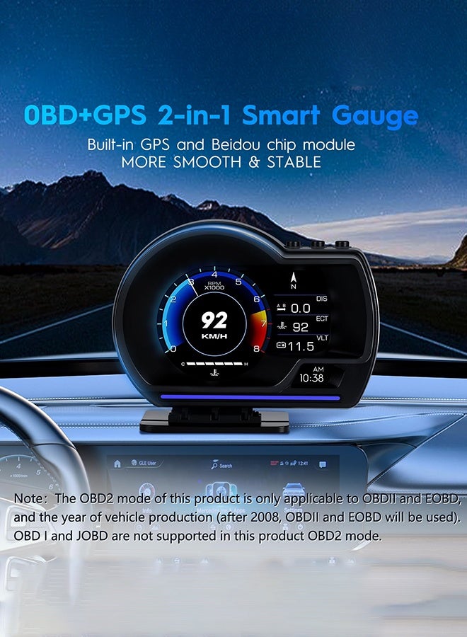 Arabest Gauge Display, Heads Up Display for Cars, Gauge with OBD GPS Dual System, OBD2 Speedometer for Car with Water TEM, Volt, Mileage, Overspeed & Fatigue Driving Alarm, RPM, Works Great for Most Cars - Image 2