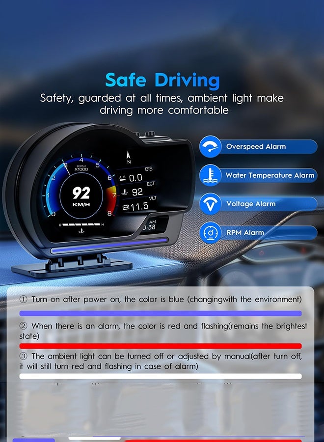 Arabest Gauge Display, Heads Up Display for Cars, Gauge with OBD GPS Dual System, OBD2 Speedometer for Car with Water TEM, Volt, Mileage, Overspeed & Fatigue Driving Alarm, RPM, Works Great for Most Cars - Image 4
