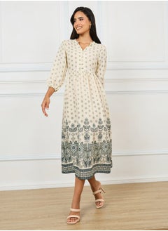 Notch Neck Printed Midi Dress with Elasticated Waist