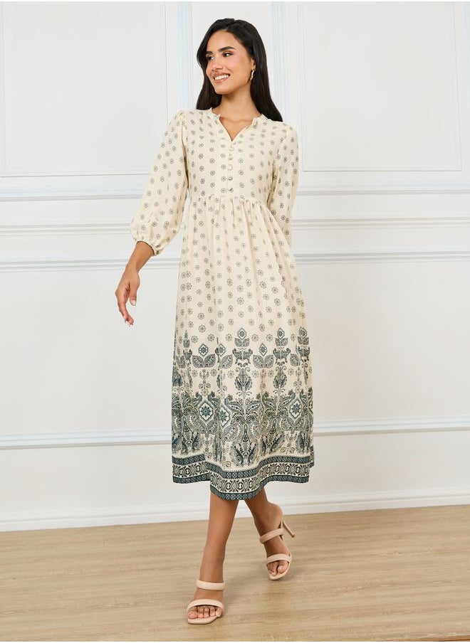 Styli - Notch Neck Printed Midi Dress with Elasticated Waist - Image 1