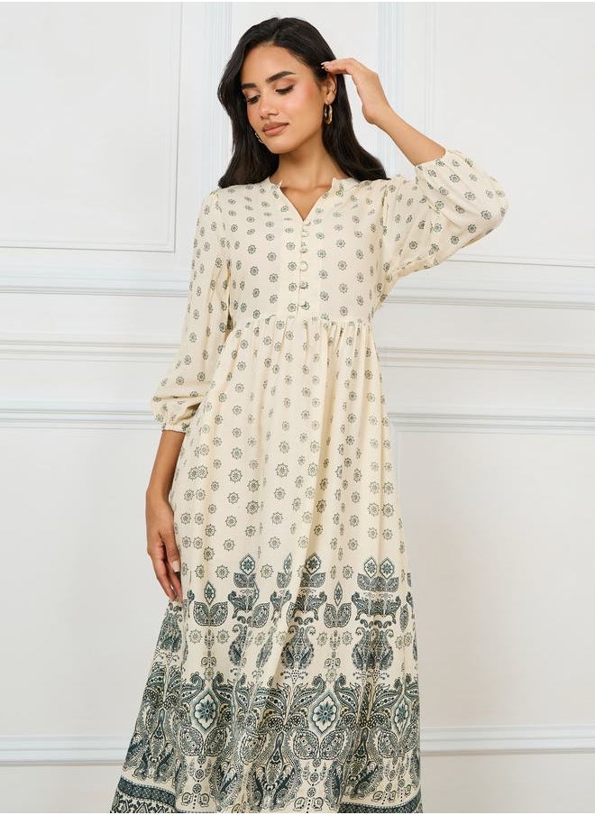 Styli - Notch Neck Printed Midi Dress with Elasticated Waist - Image 1