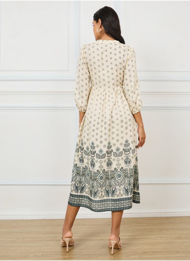 Styli - Notch Neck Printed Midi Dress with Elasticated Waist - Image 1