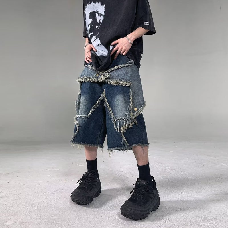 American-style Retro Stitched Denim Shorts with Designing Sense of Rap Edge Trendy Brand Loose Niche High Street Pants for Men and Women Blue 