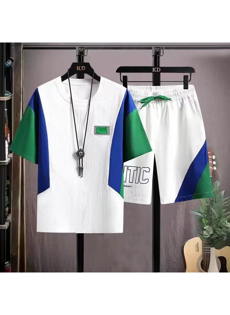 Generic Summer Thin Ice Silk Sports Suit Mens Casual Short Sleeve Shorts 2-Piece Set Quick Dry Running Sports Wear Outdoor Trade Tz508 white 