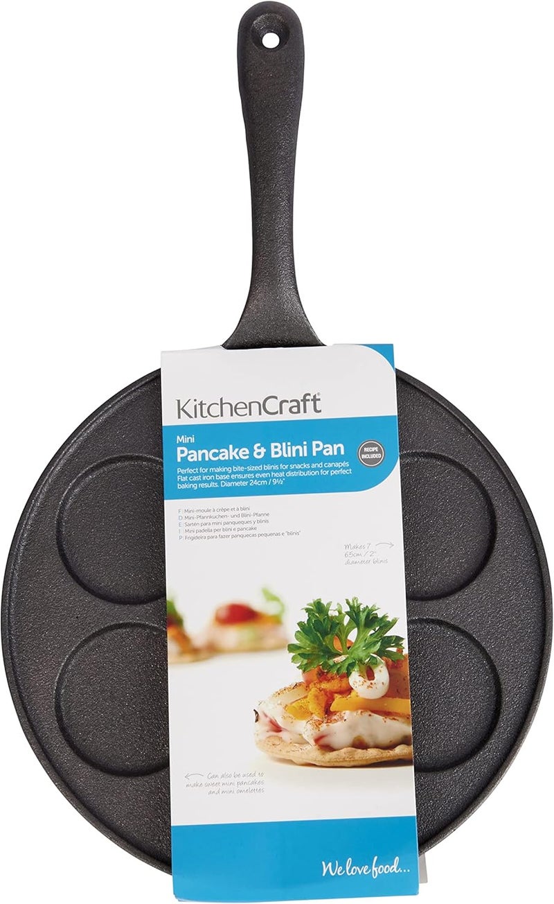 KitchenCraft KCBLINIS Induction Safe Blinis Pan with 7 Holes and Blini Recipe, Cast Iron, 24 cm, Black - Image 2