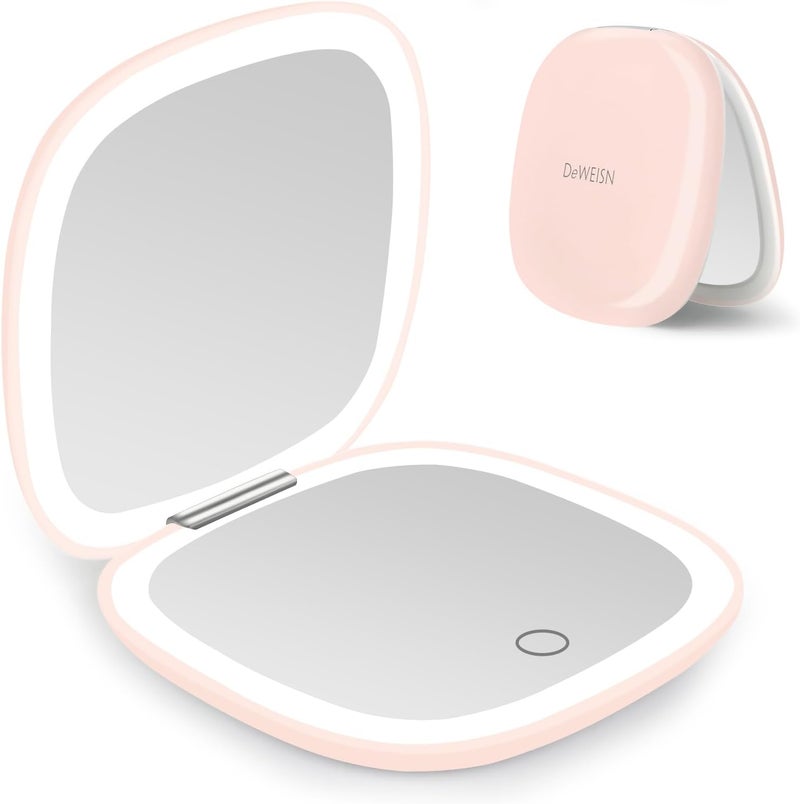 DeWEISN deweisn Compact Mirror, Lighted Travel Makeup Mirror with 1X/10X Magnifying Double Sided Dimmable Portable Pocket Mirror for Handbag and Pocket, USB Charging(Pink) 