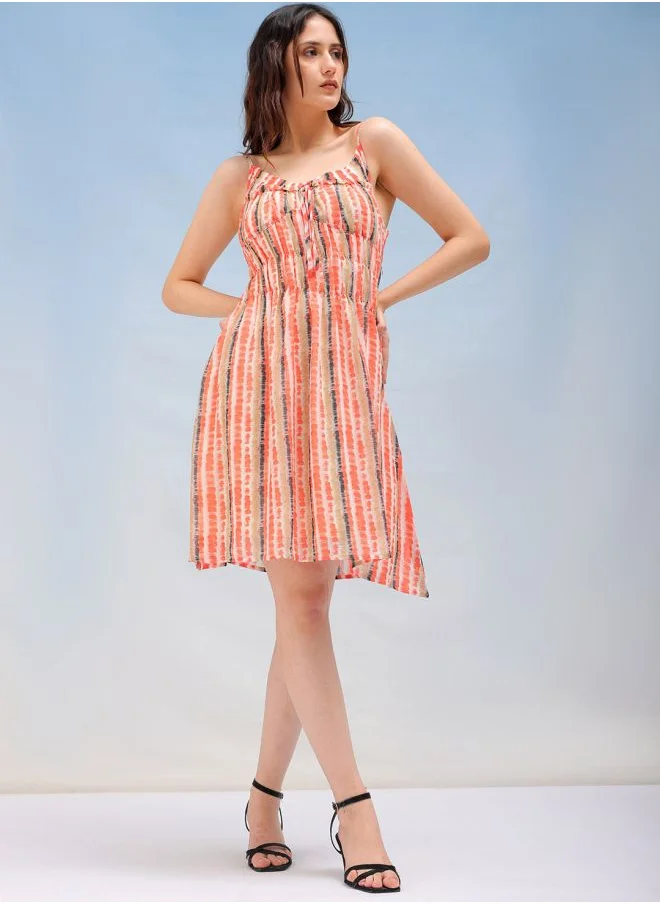 مرفوعة Women Fit and Flared Casual Tie & Dye Ruffle Dress