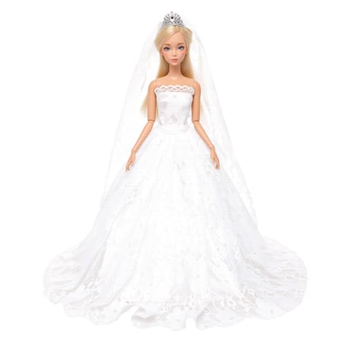 BARWA White Wedding Dress with Veil and Princess Evening Party Clothes Wears Gown Dress Outfit with Hat for 11.5 Inch Girl Doll - Image 2