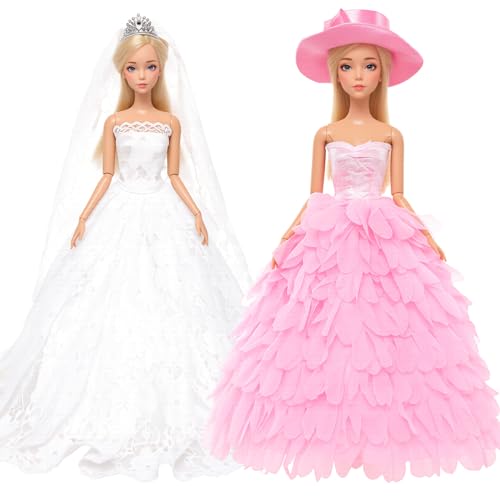 BARWA White Wedding Dress with Veil and Princess Evening Party Clothes Wears Gown Dress Outfit with Hat for 11.5 Inch Girl Doll - Image 1