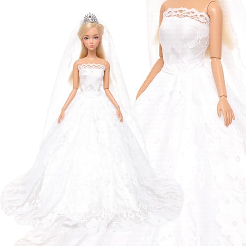 BARWA White Wedding Dress with Veil and Princess Evening Party Clothes Wears Gown Dress Outfit with Hat for 11.5 Inch Girl Doll - Image 4