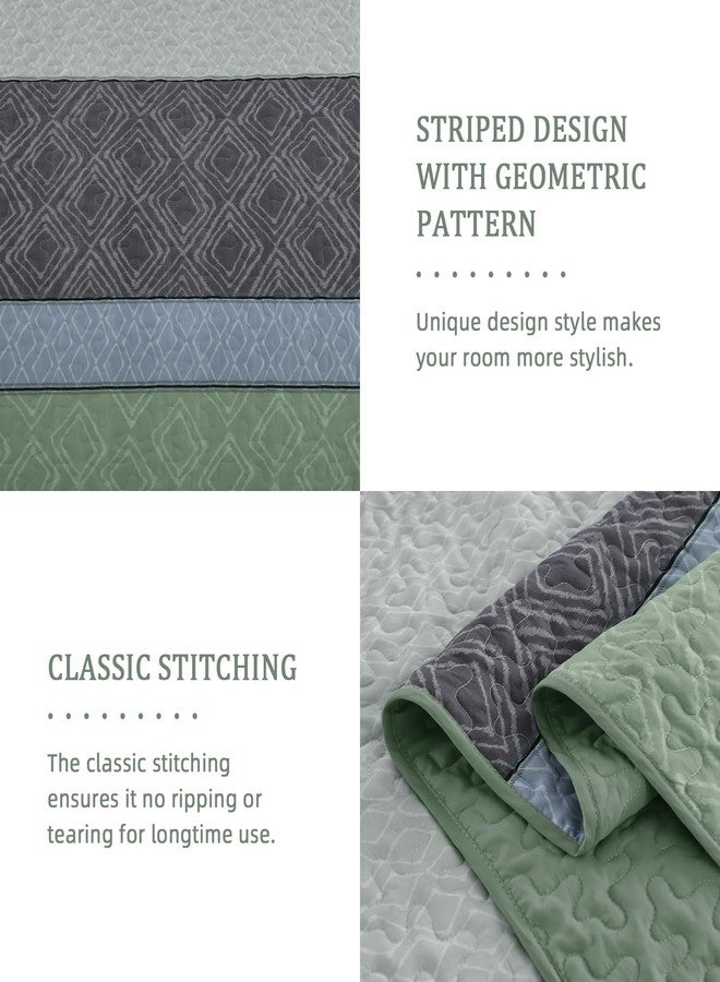 Cottolester Boho King Quilt Set,Striped Plaid Bedspread Coverlet Set,Grey Green Bedding Set Soft Microfiber Bedding Set with 2 Pillow Shams 110"x90" - Image 5