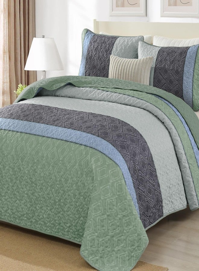 Cottolester Boho King Quilt Set,Striped Plaid Bedspread Coverlet Set,Grey Green Bedding Set Soft Microfiber Bedding Set with 2 Pillow Shams 110"x90" - Image 1