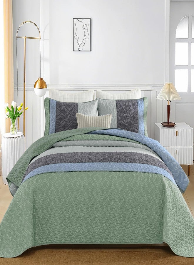 Cottolester Boho King Quilt Set,Striped Plaid Bedspread Coverlet Set,Grey Green Bedding Set Soft Microfiber Bedding Set with 2 Pillow Shams 110"x90" - Image 2