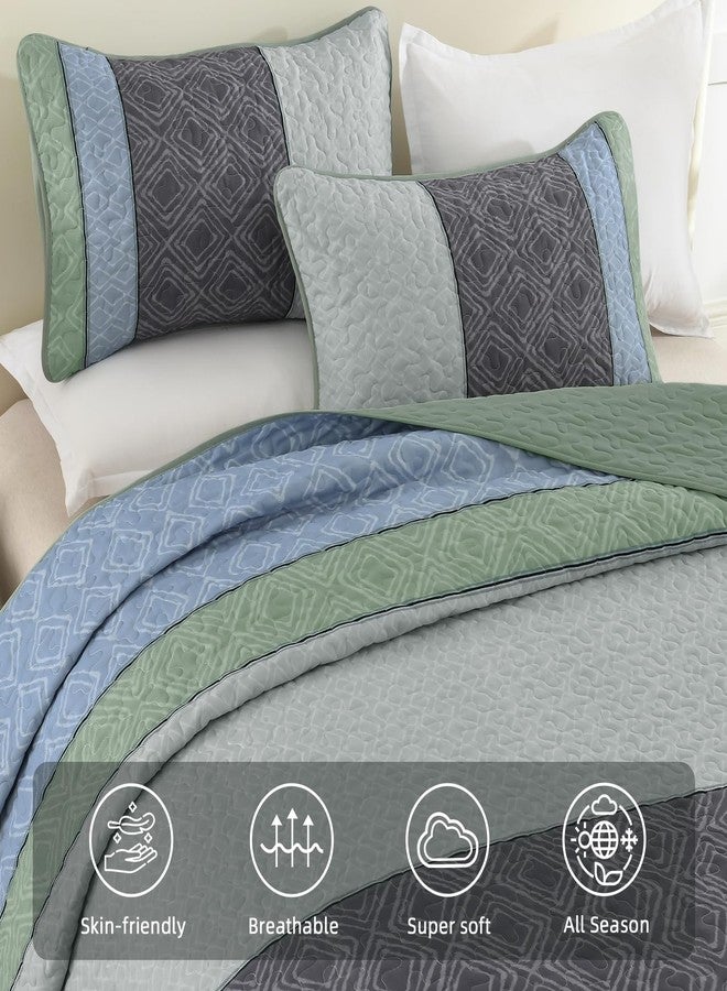 Cottolester Boho King Quilt Set,Striped Plaid Bedspread Coverlet Set,Grey Green Bedding Set Soft Microfiber Bedding Set with 2 Pillow Shams 110"x90" - Image 4