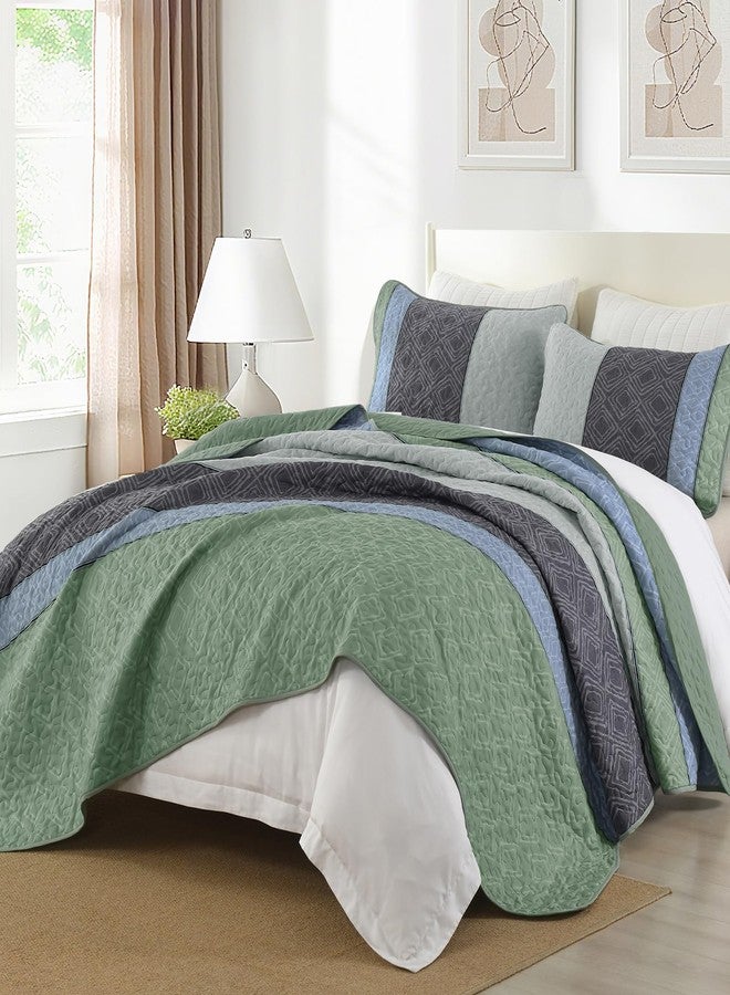 Cottolester Boho King Quilt Set,Striped Plaid Bedspread Coverlet Set,Grey Green Bedding Set Soft Microfiber Bedding Set with 2 Pillow Shams 110"x90" - Image 3