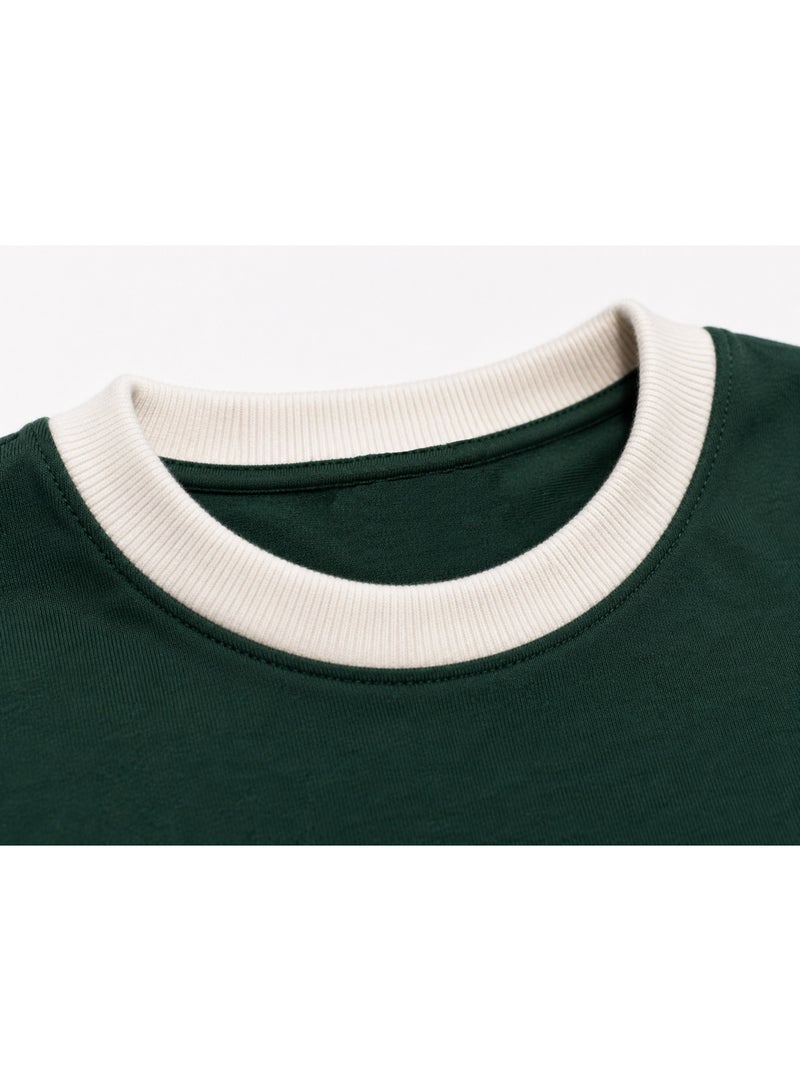 Timeless Men's Short Sleeve Crew Neck T-Shirt, Premium Soft Cotton, Green with Cream Sleeves - Image 2