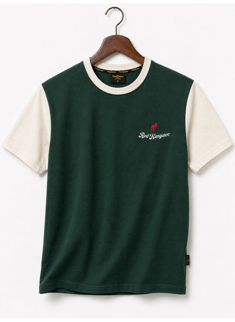 Timeless Men's Short Sleeve Crew Neck T-Shirt, Premium Soft Cotton, Green with Cream Sleeves - Image 1