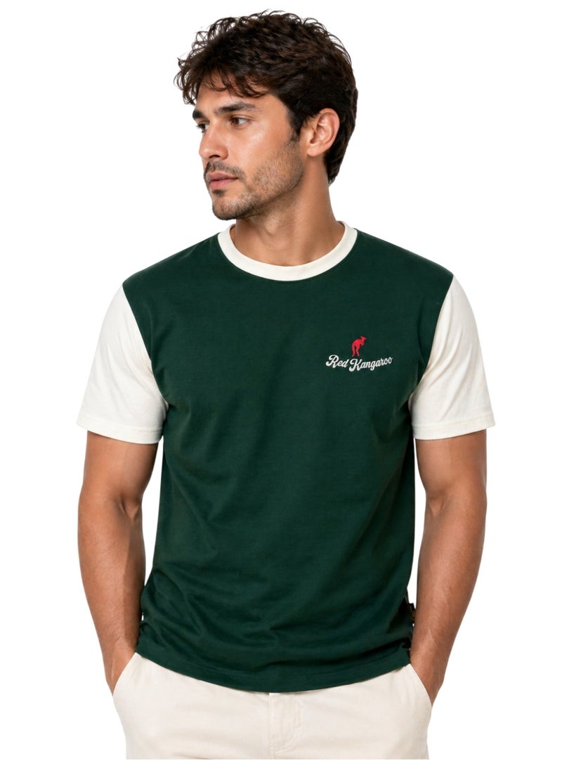 Timeless Men's Short Sleeve Crew Neck T-Shirt, Premium Soft Cotton, Green with Cream Sleeves - Image 3