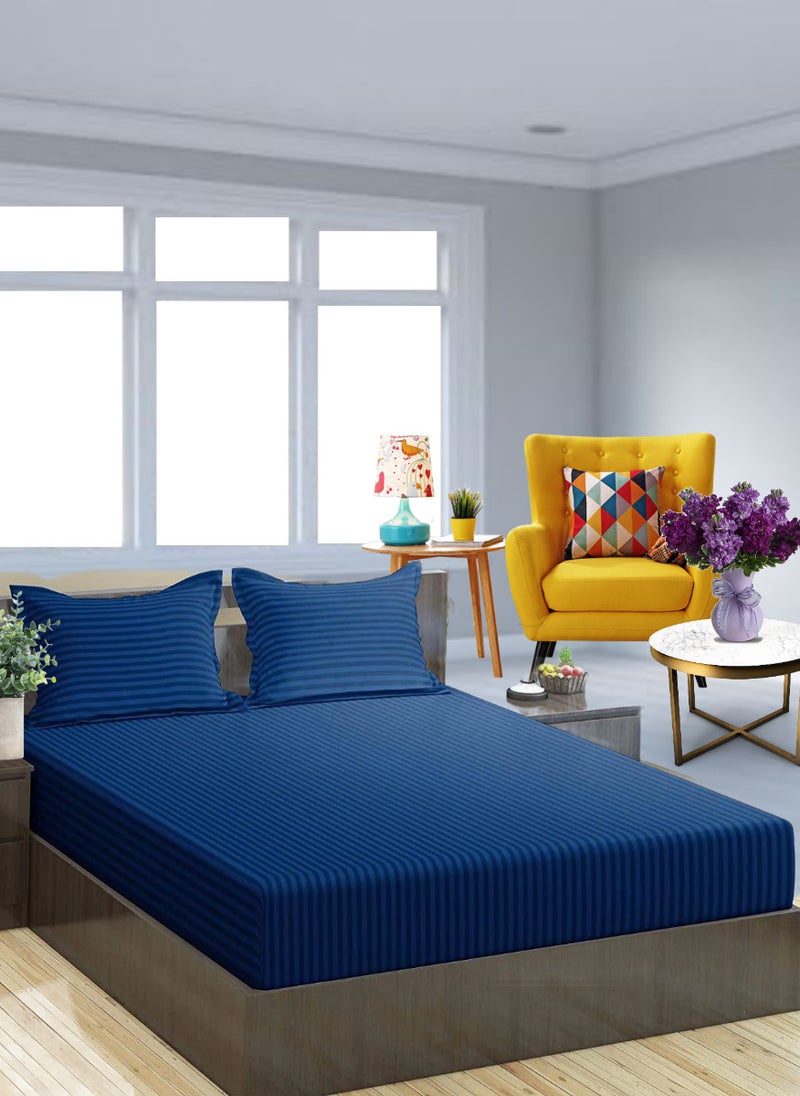 Blueberry Navy Blue Cotton Queen Striped Fitted Elastic Bedsheet Sets 180x200+35cm - Image 1