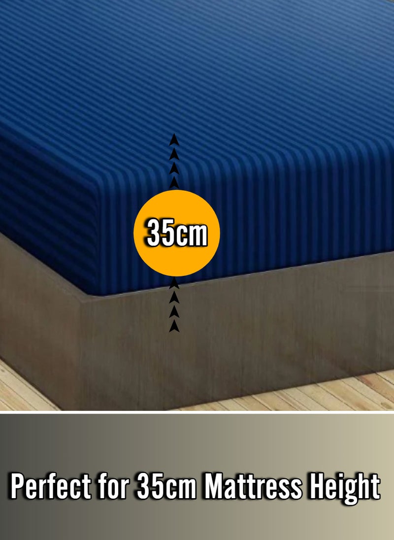 Blueberry Navy Blue Cotton Queen Striped Fitted Elastic Bedsheet Sets 180x200+35cm - Image 2
