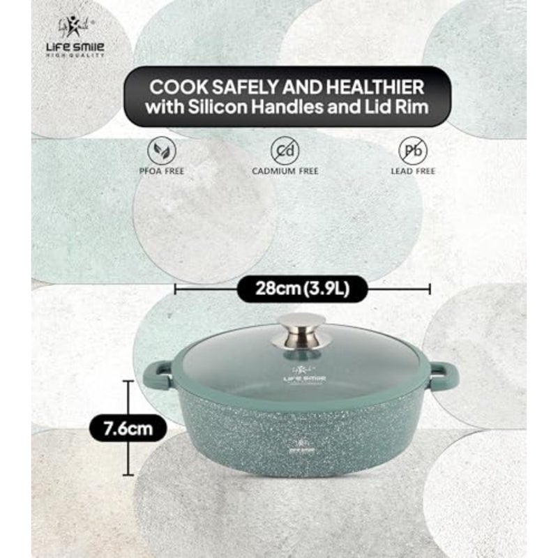 Shallow Pot for frying - multi-layer non-stick granite coating, 100 PFOA free, green color, oven safe, glass lid with silicone rim, detachable silicone handles 28 cm, 3.9 liters - Image 2