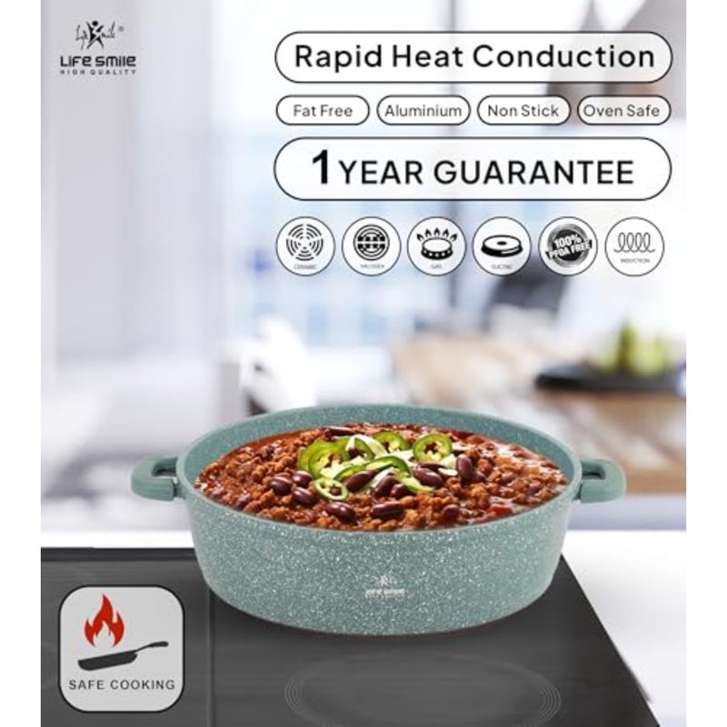 Shallow Pot for frying - multi-layer non-stick granite coating, 100 PFOA free, green color, oven safe, glass lid with silicone rim, detachable silicone handles 28 cm, 3.9 liters - Image 4