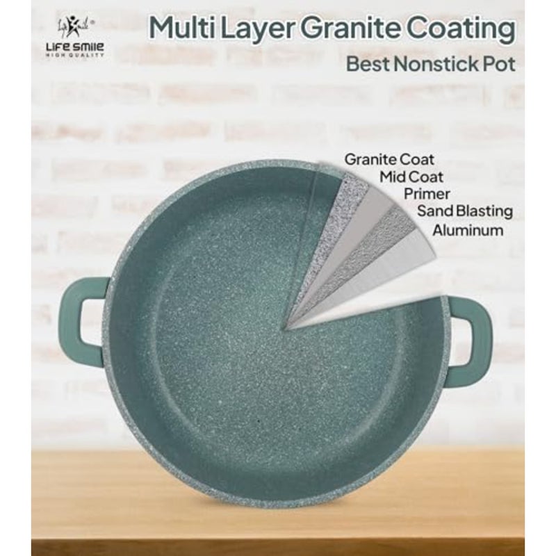 Shallow Pot for frying - multi-layer non-stick granite coating, 100 PFOA free, green color, oven safe, glass lid with silicone rim, detachable silicone handles 28 cm, 3.9 liters - Image 3