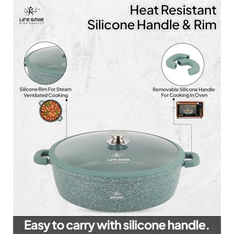 Shallow Pot for frying - multi-layer non-stick granite coating, 100 PFOA free, green color, oven safe, glass lid with silicone rim, detachable silicone handles 28 cm, 3.9 liters - Image 5