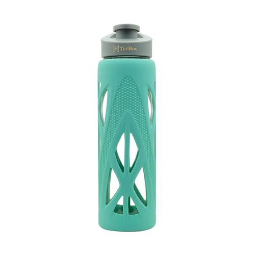 TintBox Borosilicate Glass Water Bottle with Silicone Sleeve | as seen on Shark Tank | perfect for Office, Home, Fridge, Gym, Travel | BPA Free | Cool Green | 750ml - Image 1