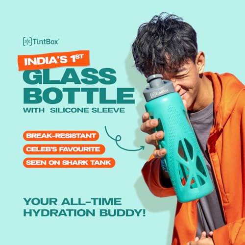 TintBox Borosilicate Glass Water Bottle with Silicone Sleeve | as seen on Shark Tank | perfect for Office, Home, Fridge, Gym, Travel | BPA Free | Cool Green | 750ml - Image 2
