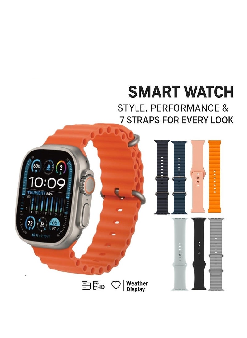 الذاكرة السريعة ساعة ذكية  Ultra 7+1 الاصدار   لحساب السعرات الحرارية و استقبال الرسائل و المكالمات و تدعم اللغة العربية تأتي 7 بأساور اضافية مقاس 49 مم- متعدد الألوان - Image 1