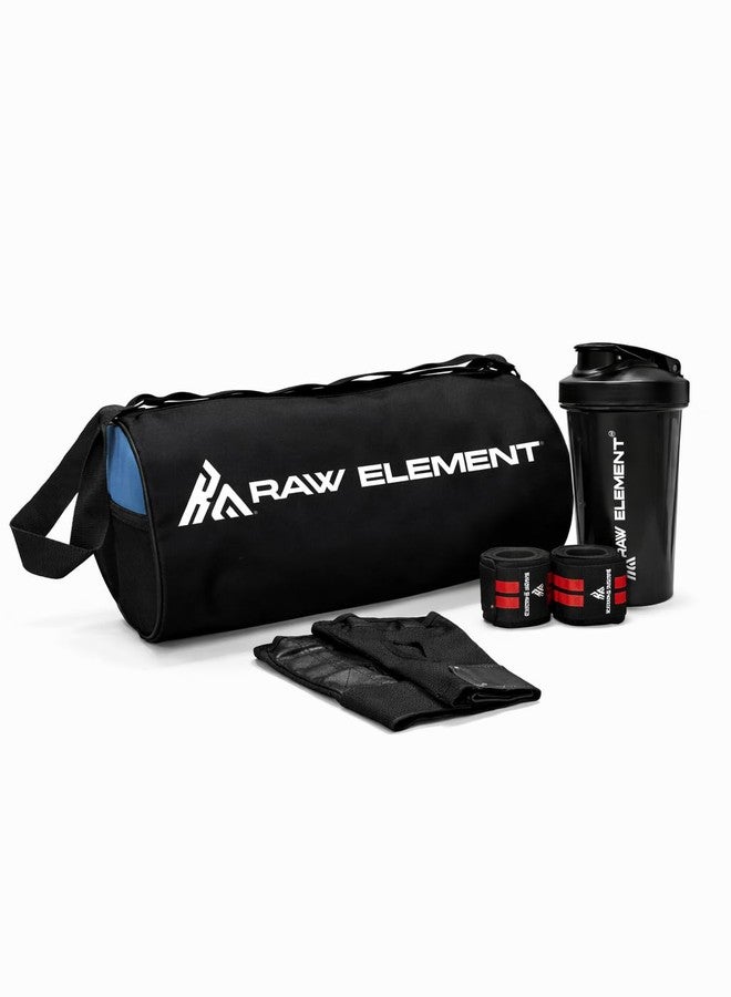 Raw Element Gym Gear Set - Gym Duffel Bag, Weightlifting Gloves, Wrist Wraps & 700ml Shaker Bottle | Complete Workout Accessories Kit for Gym, Home Training & Weight Lifting (Black & Blue) - Image 1