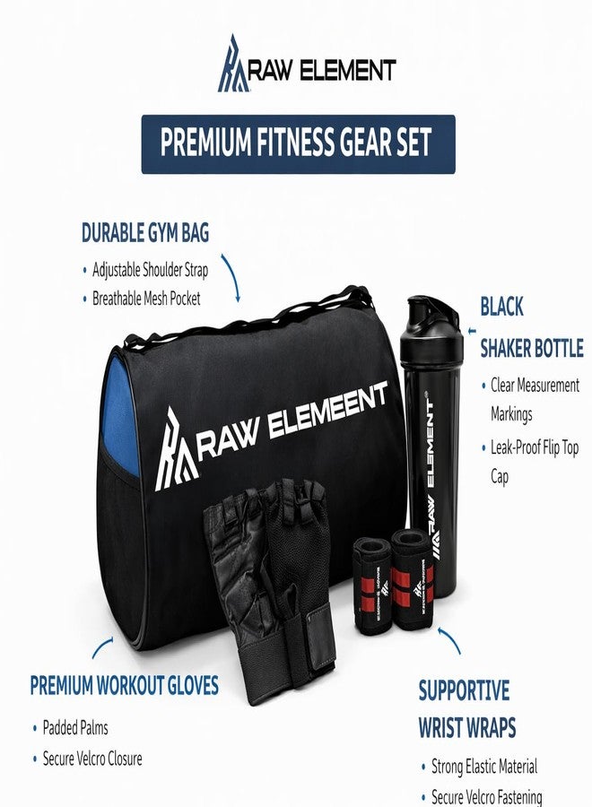 Raw Element Gym Gear Set - Gym Duffel Bag, Weightlifting Gloves, Wrist Wraps & 700ml Shaker Bottle | Complete Workout Accessories Kit for Gym, Home Training & Weight Lifting (Black & Blue) - Image 3
