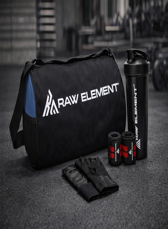 Raw Element Gym Gear Set - Gym Duffel Bag, Weightlifting Gloves, Wrist Wraps & 700ml Shaker Bottle | Complete Workout Accessories Kit for Gym, Home Training & Weight Lifting (Black & Blue) - Image 4
