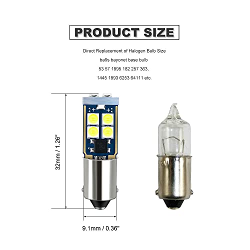 DODOFUN BA9S White Car Interior Exterior Replacement Bulb Bayonet Base BA9 53 57 1445 1895 64111 Size Reading Map Dome Side Door Courtesy LED Light 12V (Pack of 10) - Image 2
